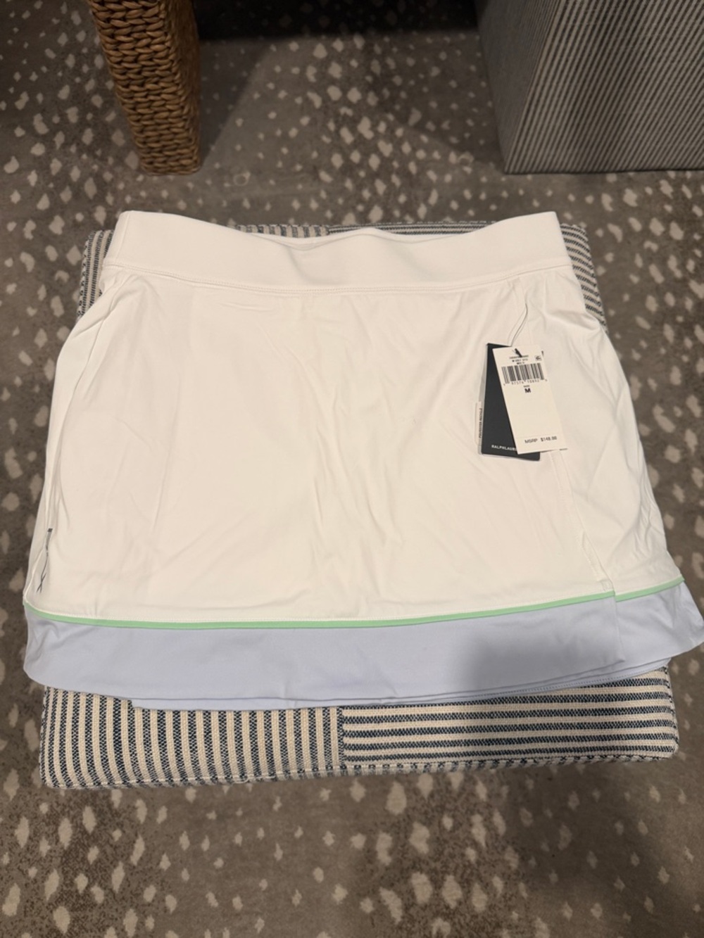 NWT RLX Ralph Lauren White Golf Skort with Light Blue Hem and Mint Trim